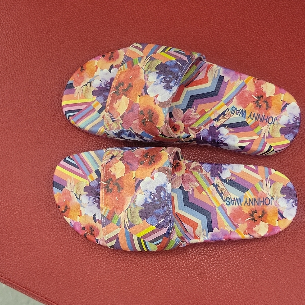 Johnny Was Multicolor Floral Stripe Pool Slides